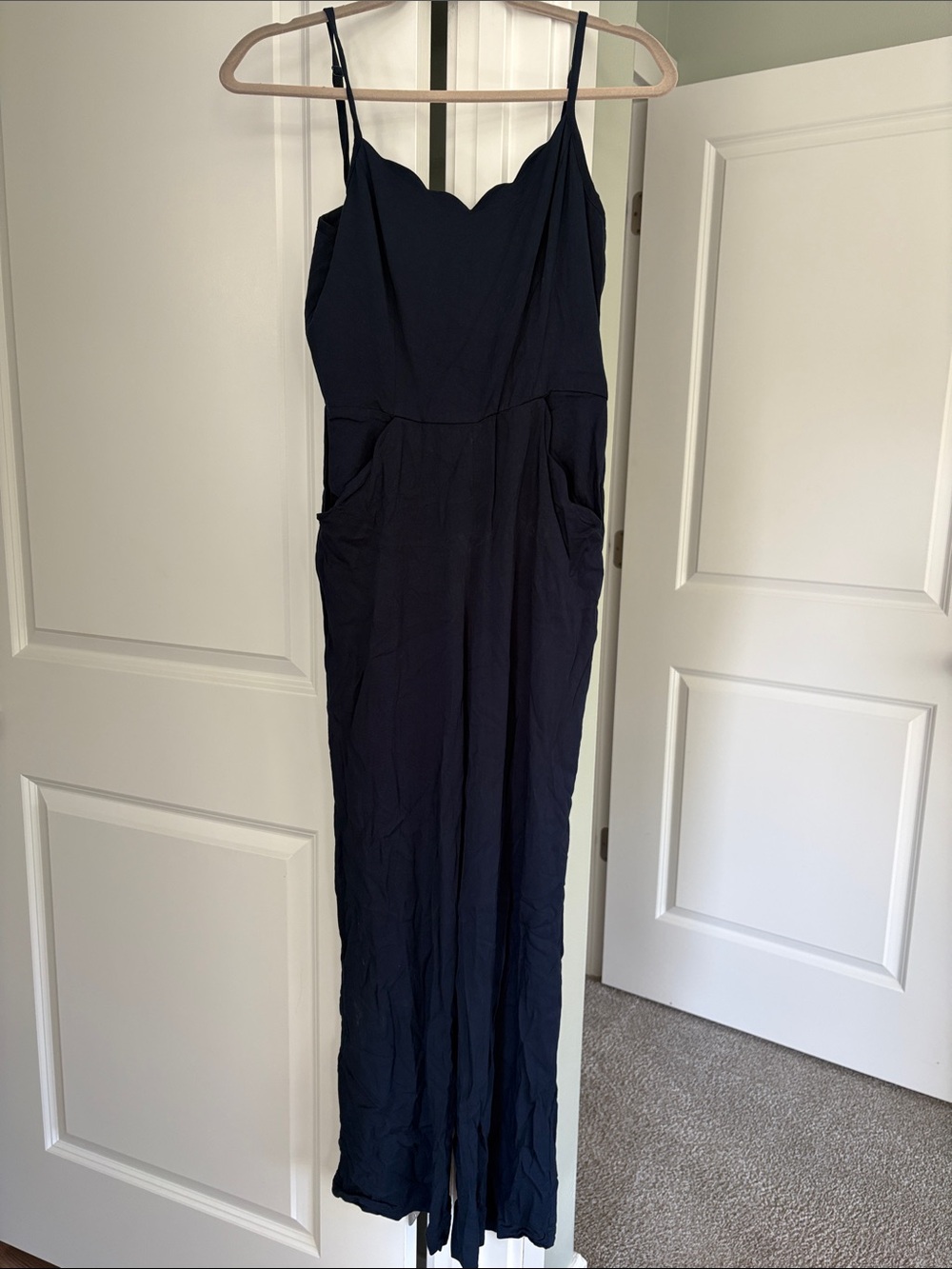Market & Spruce Navy Scallop Neck Jumpsuit